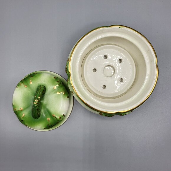 Vintage Ceramic Lidded Pot Jar Flower Frog Emerald Green Gold Accents Home Decor - Picture 5 of 11